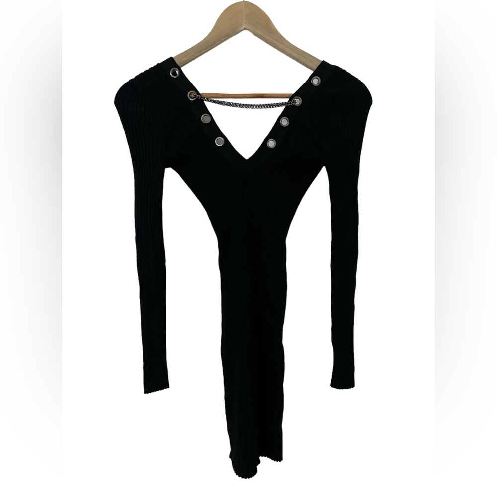 Guess Black Mini Dress - Long Sleeve - Ribbed - Stretchy - Grommets - Chain - XS